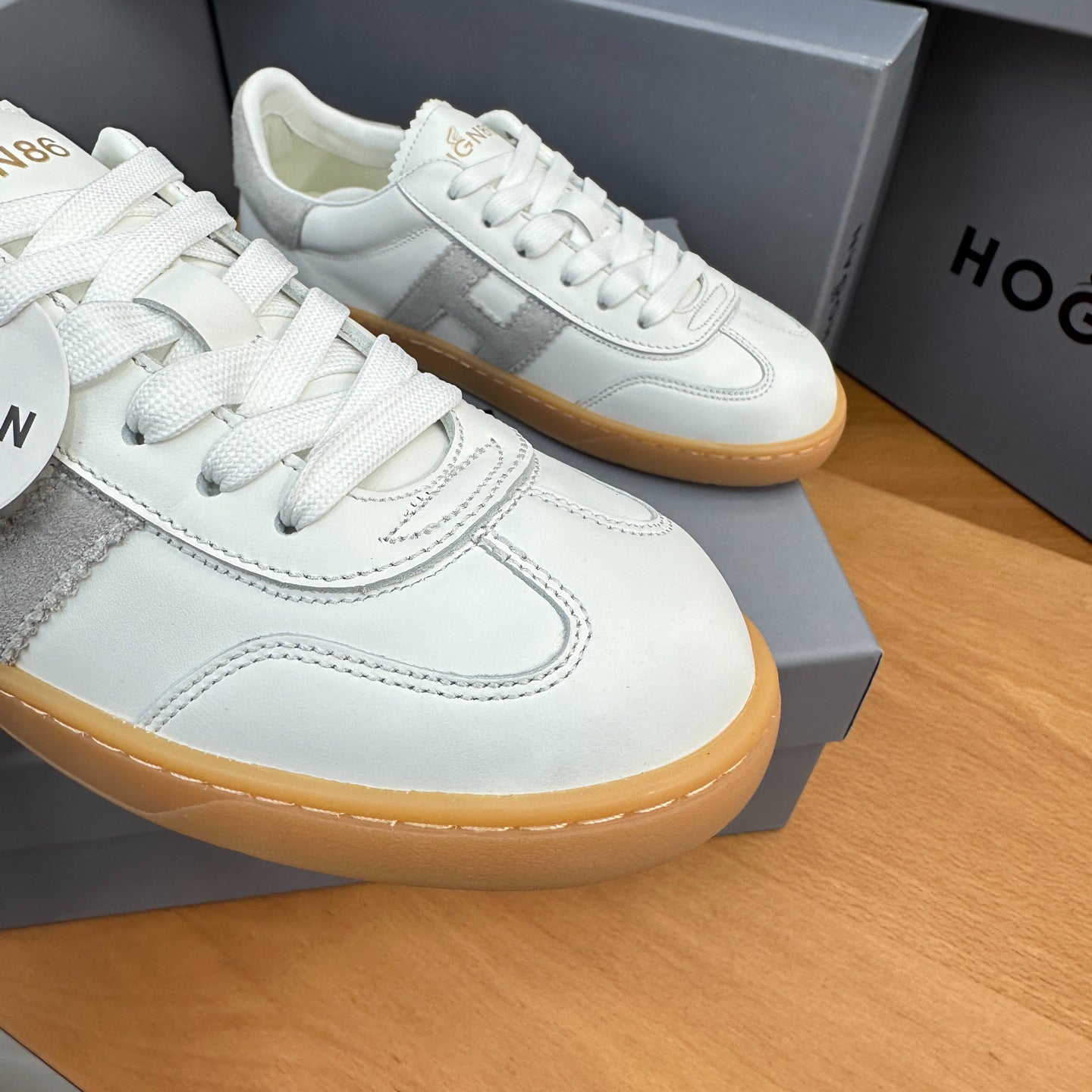 HOGAN White & Grey Suede Gum Sole Retro Casual Sneakers