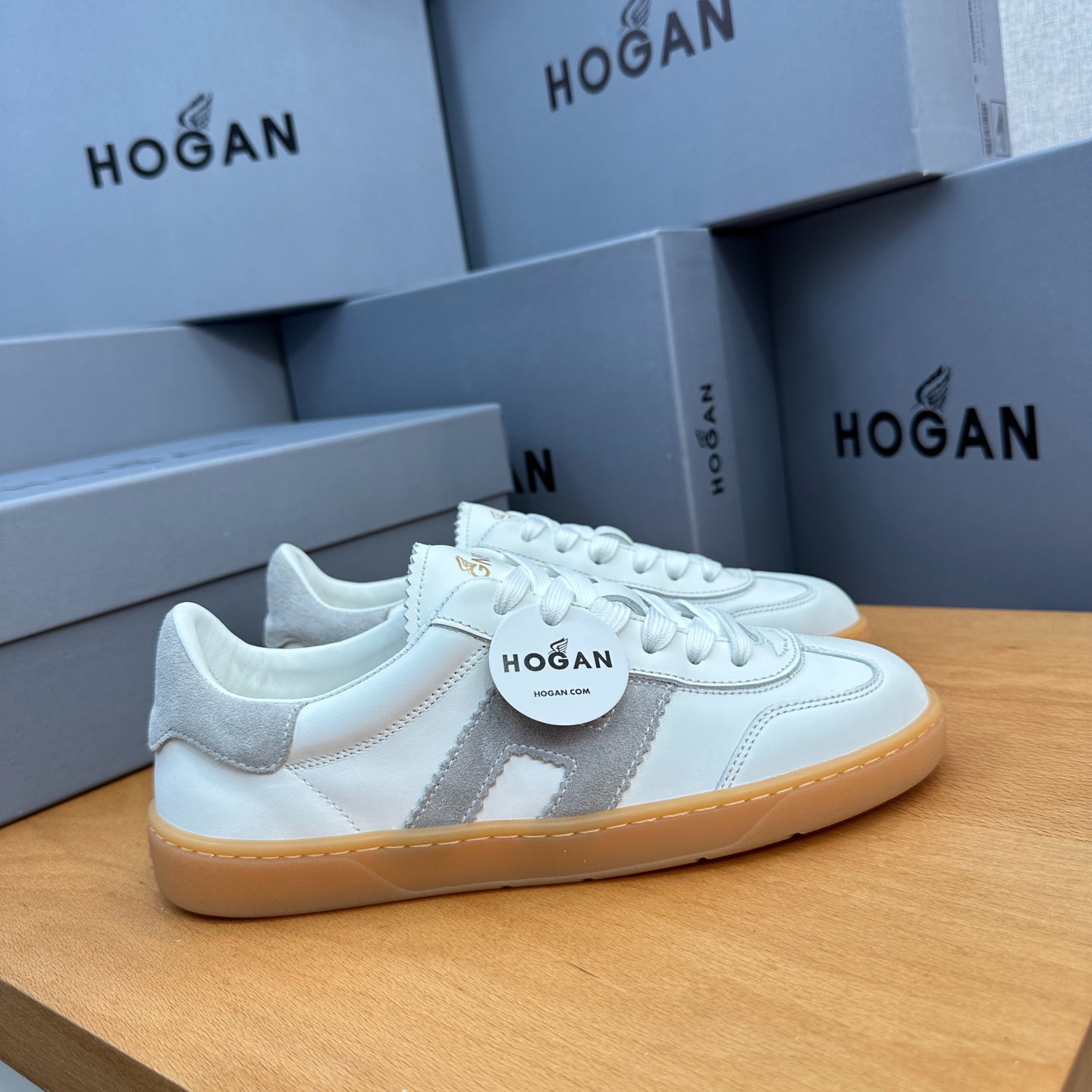 HOGAN White & Grey Suede Gum Sole Retro Casual Sneakers