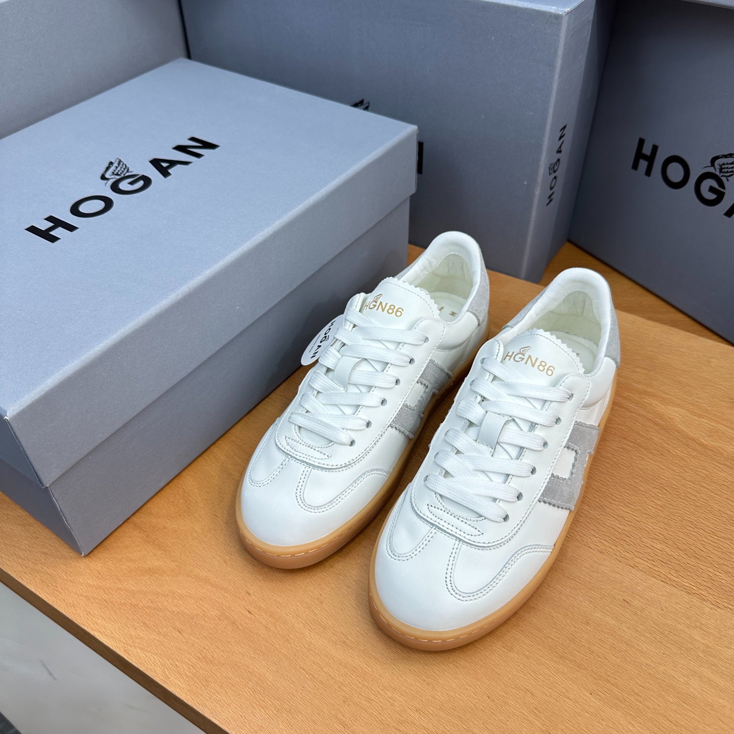 HOGAN White & Grey Suede Gum Sole Retro Casual Sneakers