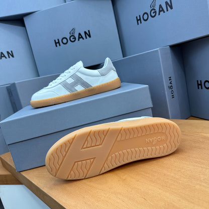 HOGAN White & Grey Suede Gum Sole Retro Casual Sneakers