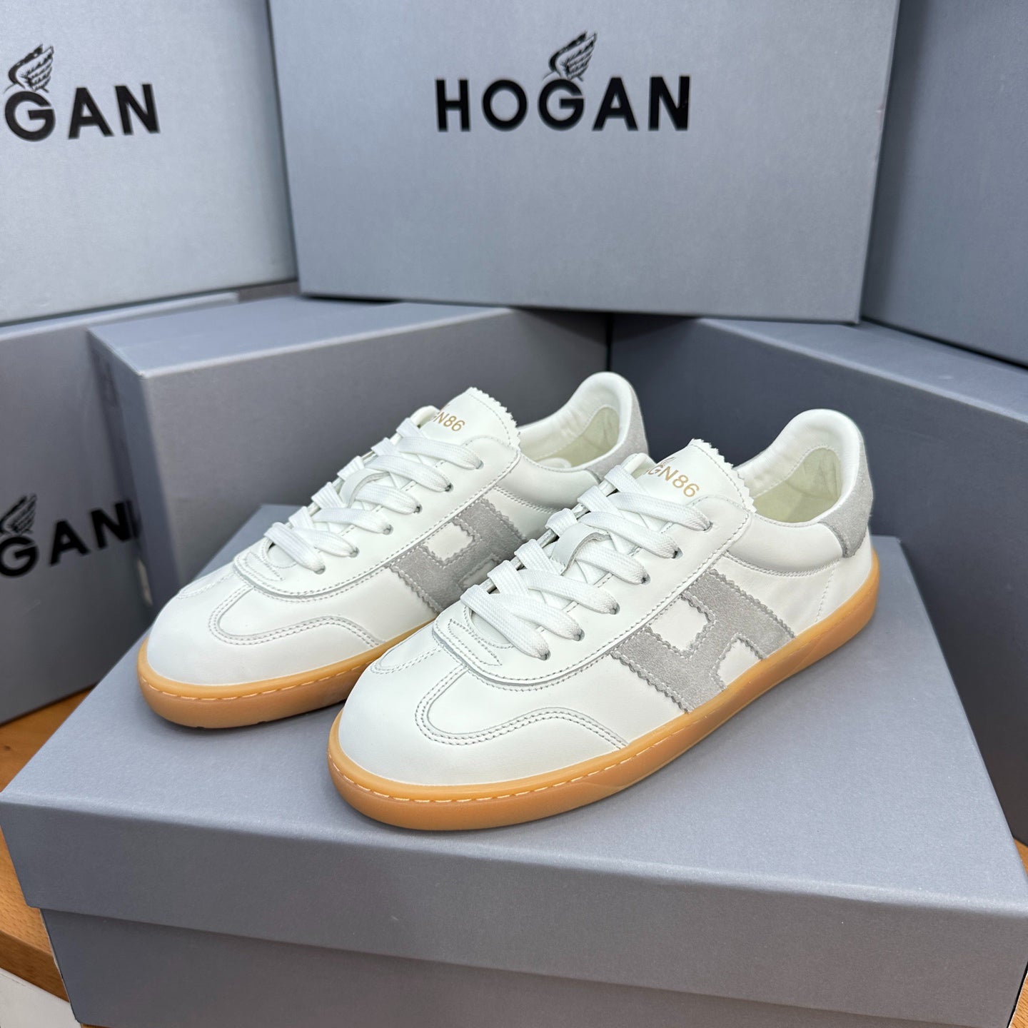 HOGAN White & Grey Suede Gum Sole Retro Casual Sneakers