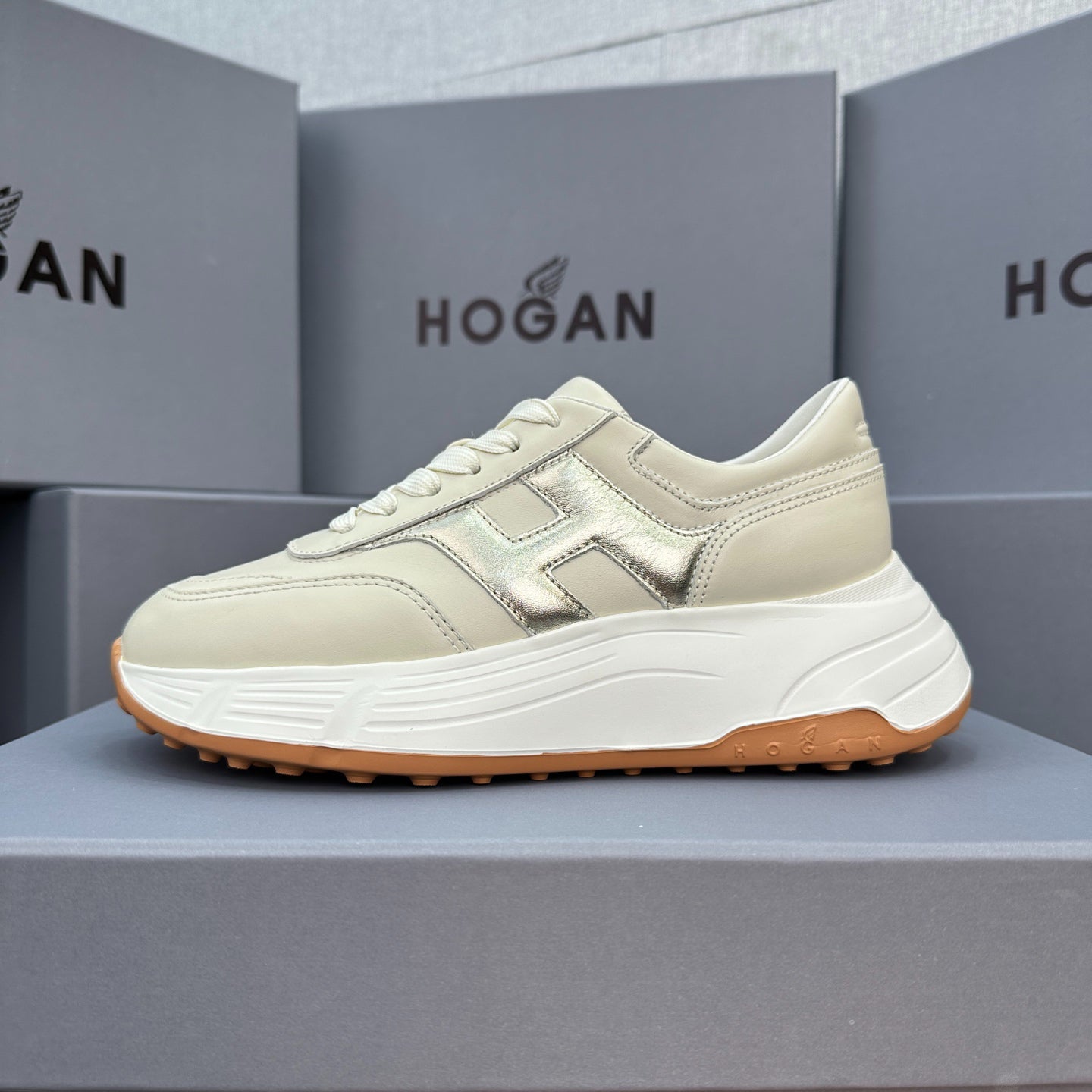 HOGAN Women Beige Metallic Silver H Logo Genuine Leather Platform Sneakers Chunky Thick Sole Height Increase Casual Walking Shoes