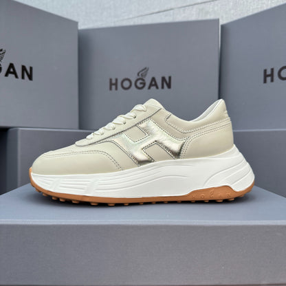 HOGAN Women Beige Metallic Silver H Logo Genuine Leather Platform Sneakers Chunky Thick Sole Height Increase Casual Walking Shoes