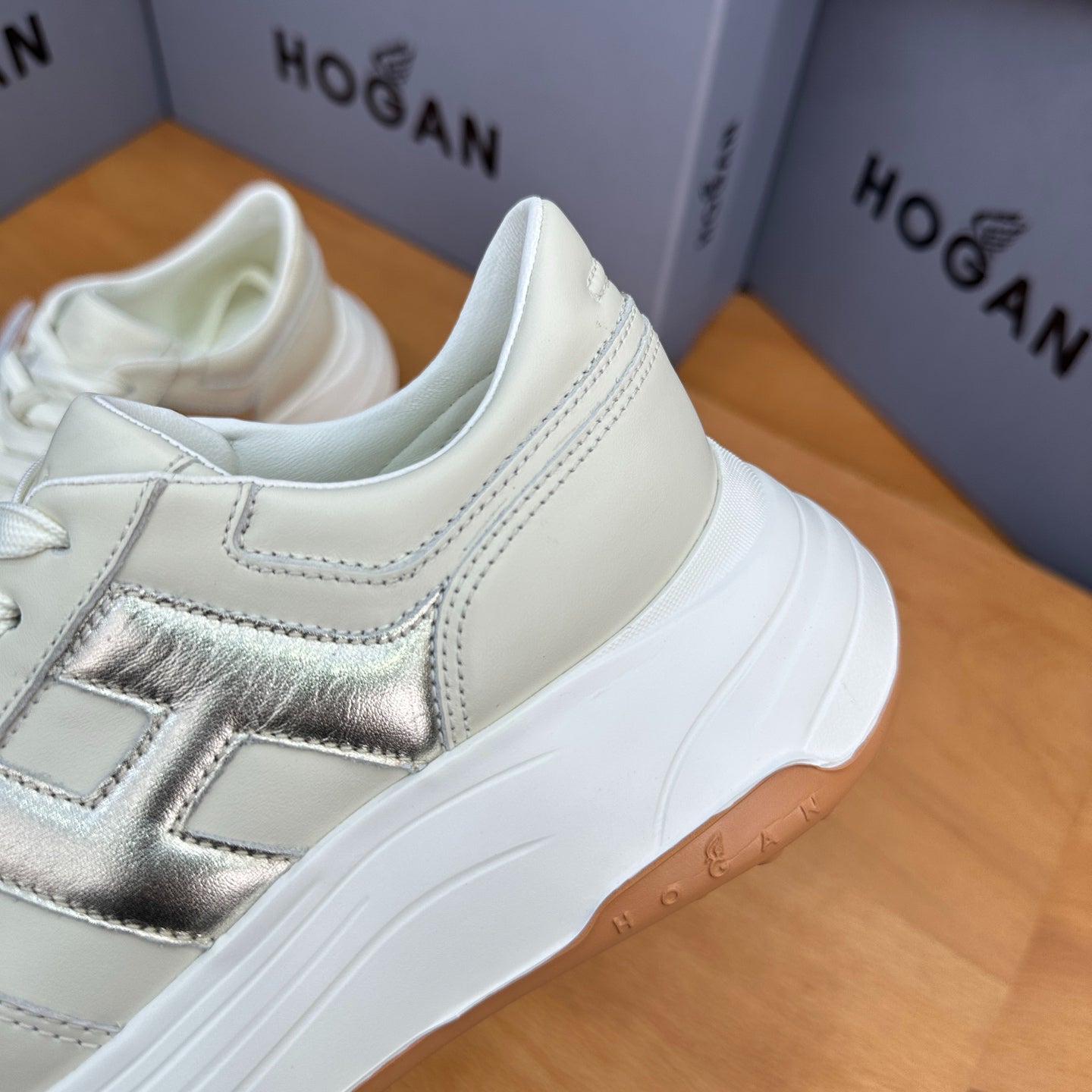 HOGAN Women Beige Metallic Silver H Logo Genuine Leather Platform Sneakers Chunky Thick Sole Height Increase Casual Walking Shoes