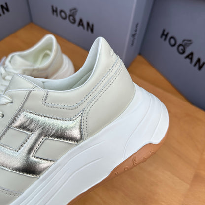 HOGAN Women Beige Metallic Silver H Logo Genuine Leather Platform Sneakers Chunky Thick Sole Height Increase Casual Walking Shoes