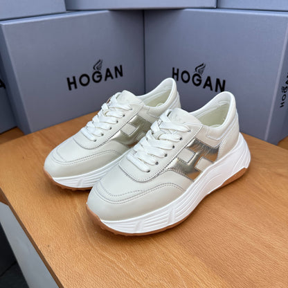 HOGAN Women Beige Metallic Silver H Logo Genuine Leather Platform Sneakers Chunky Thick Sole Height Increase Casual Walking Shoes