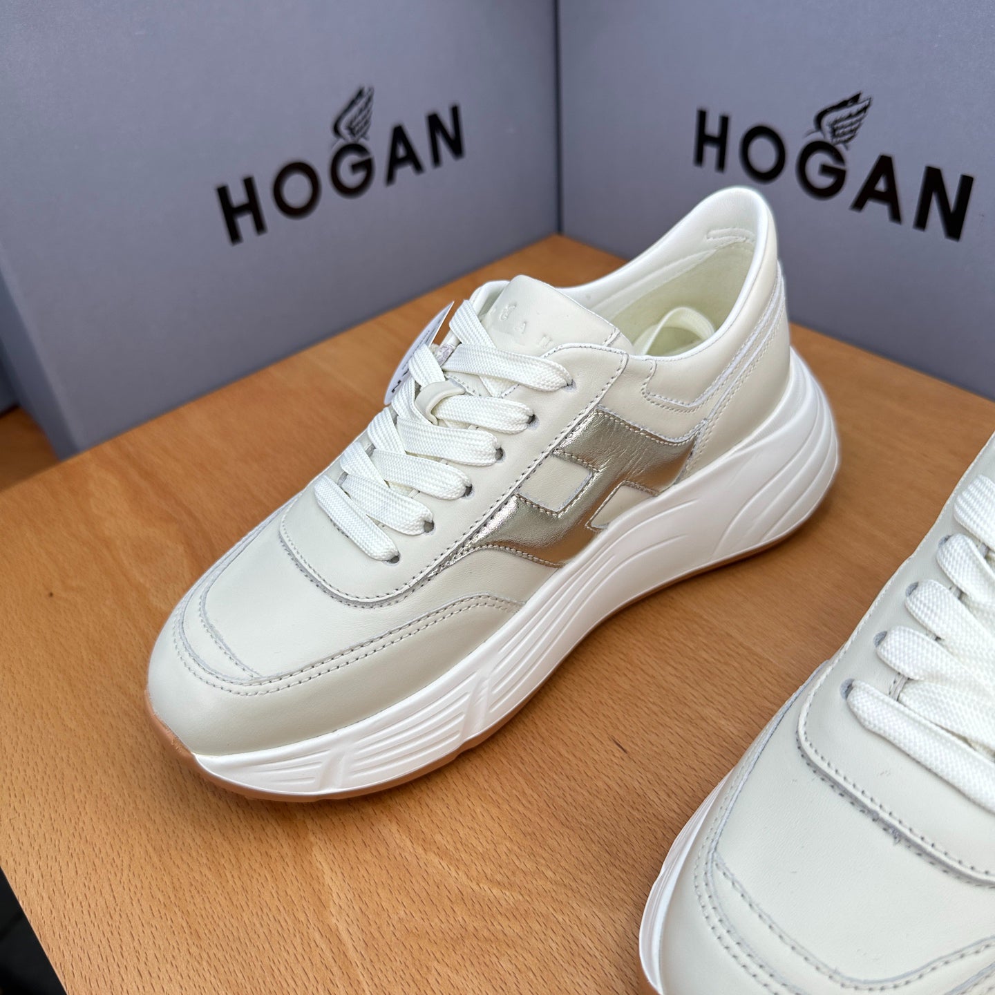 HOGAN Women Beige Metallic Silver H Logo Genuine Leather Platform Sneakers Chunky Thick Sole Height Increase Casual Walking Shoes