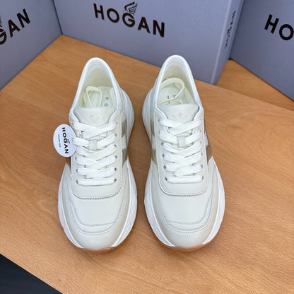 HOGAN Women Beige Metallic Silver H Logo Genuine Leather Platform Sneakers Chunky Thick Sole Height Increase Casual Walking Shoes