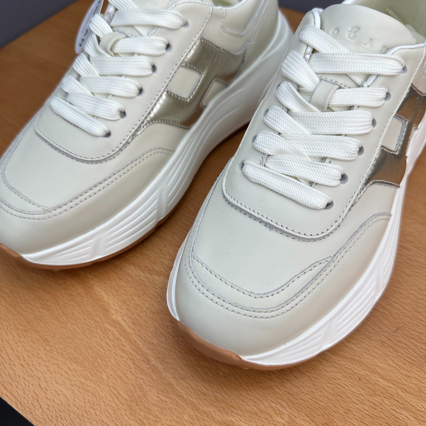 HOGAN Women Beige Metallic Silver H Logo Genuine Leather Platform Sneakers Chunky Thick Sole Height Increase Casual Walking Shoes