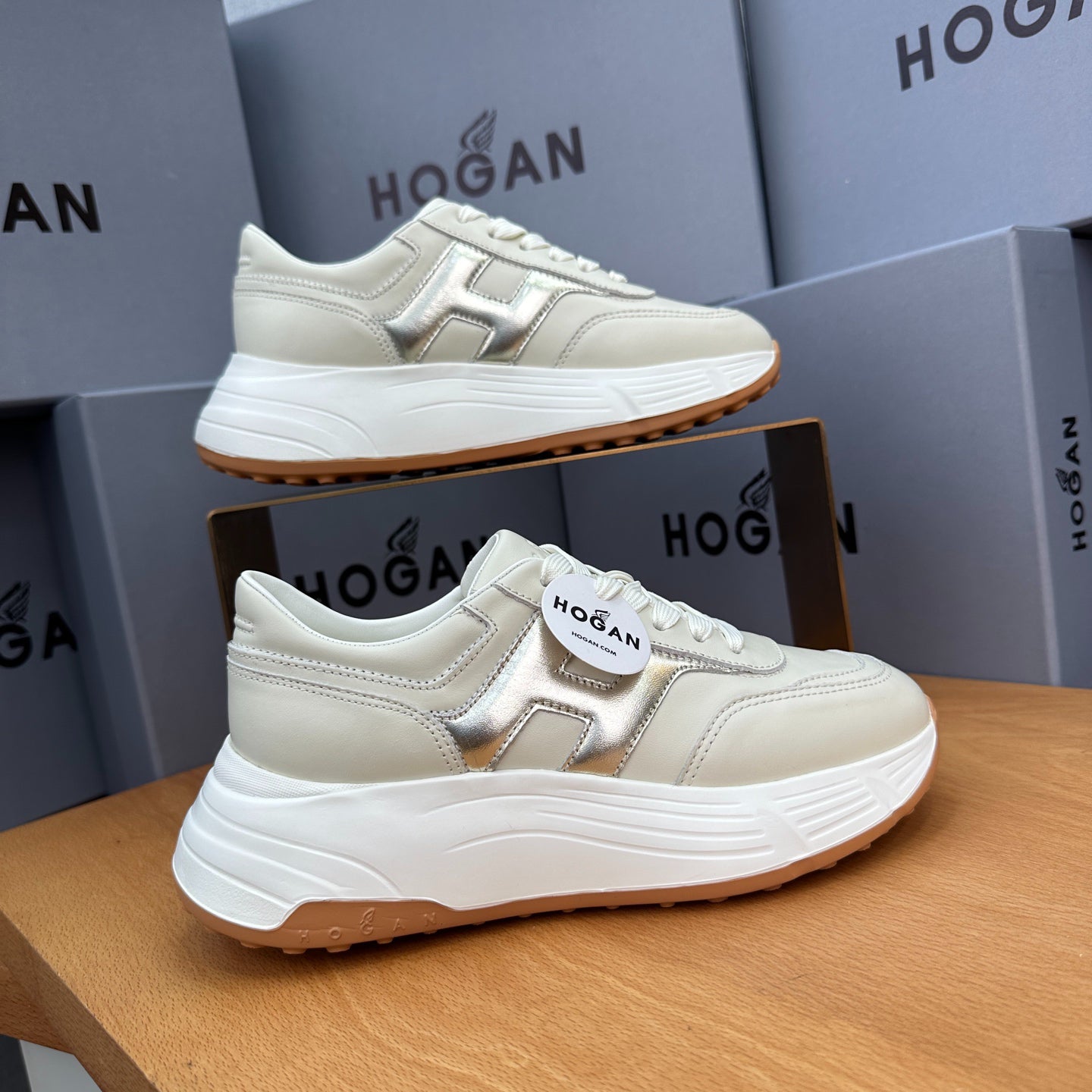 HOGAN Women Beige Metallic Silver H Logo Genuine Leather Platform Sneakers Chunky Thick Sole Height Increase Casual Walking Shoes