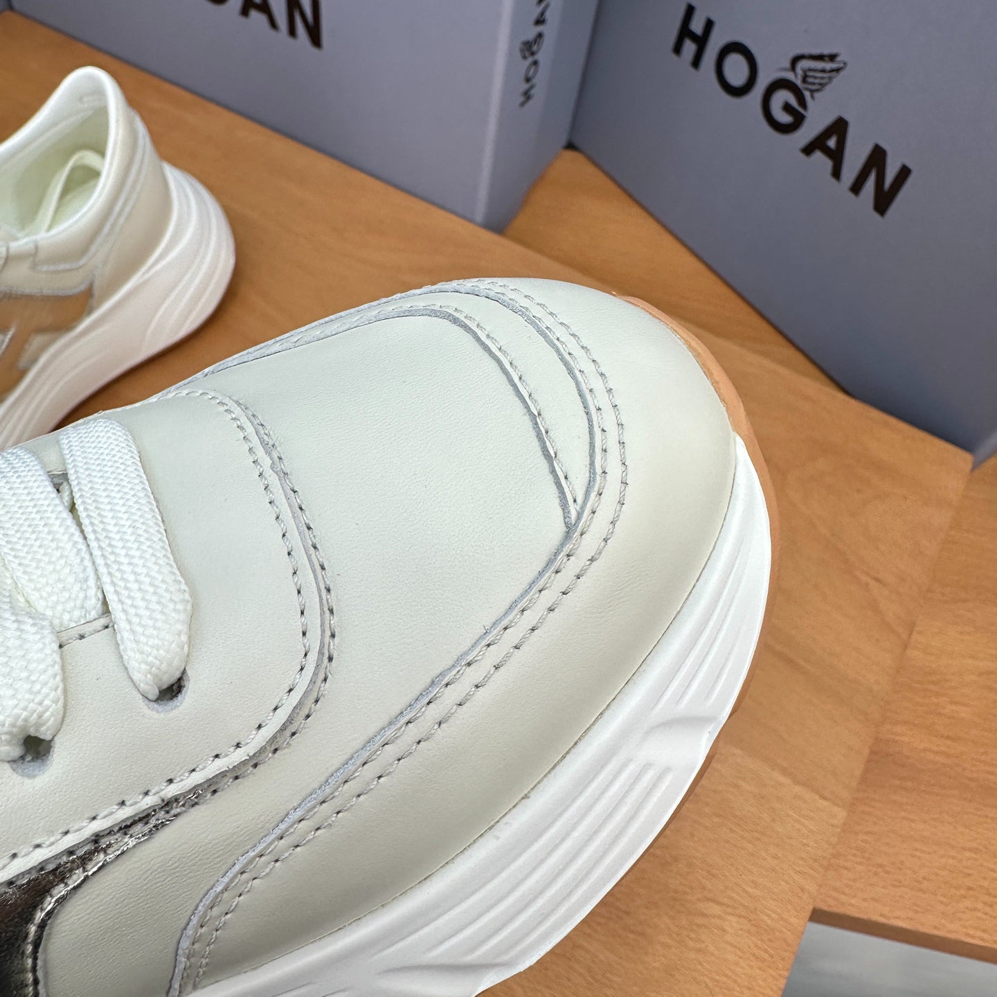 HOGAN Women Beige Metallic Silver H Logo Genuine Leather Platform Sneakers Chunky Thick Sole Height Increase Casual Walking Shoes