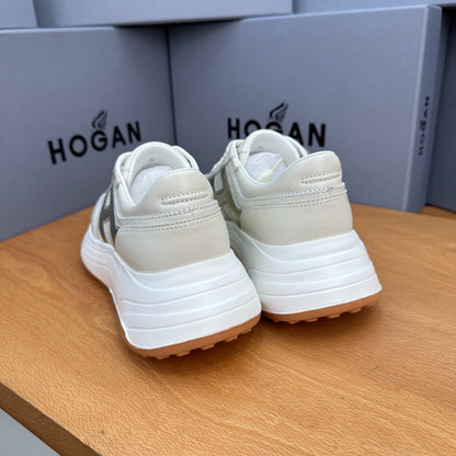 HOGAN Women Beige Metallic Silver H Logo Genuine Leather Platform Sneakers Chunky Thick Sole Height Increase Casual Walking Shoes