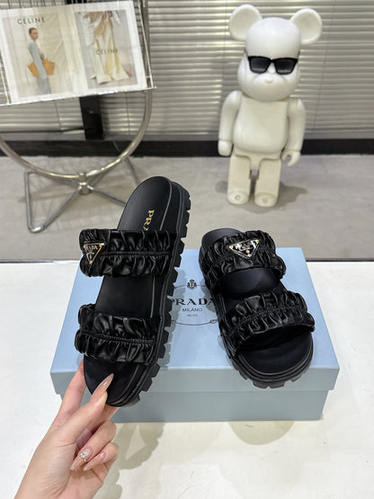 Women White Ruched Double Strap Platform Slides Triangle Gold Logo Slip On Casual Sandals