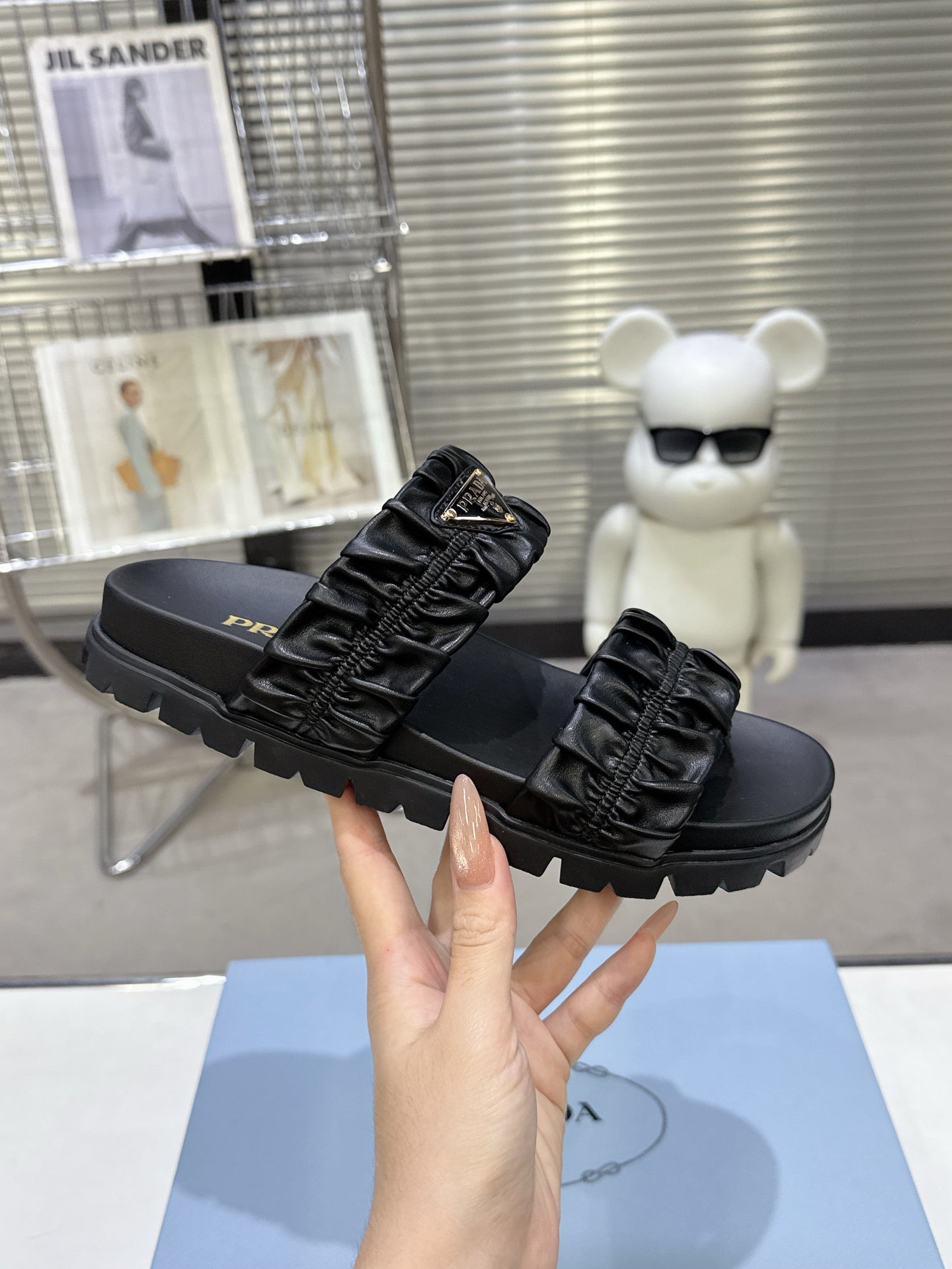 Women White Ruched Double Strap Platform Slides Triangle Gold Logo Slip On Casual Sandals