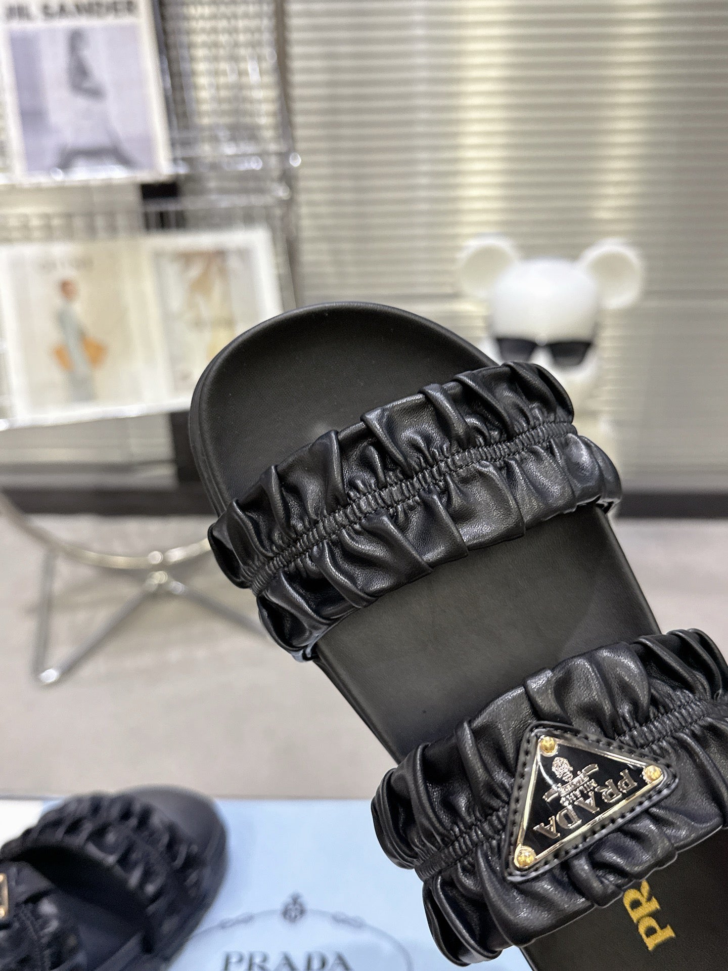 Women White Ruched Double Strap Platform Slides Triangle Gold Logo Slip On Casual Sandals