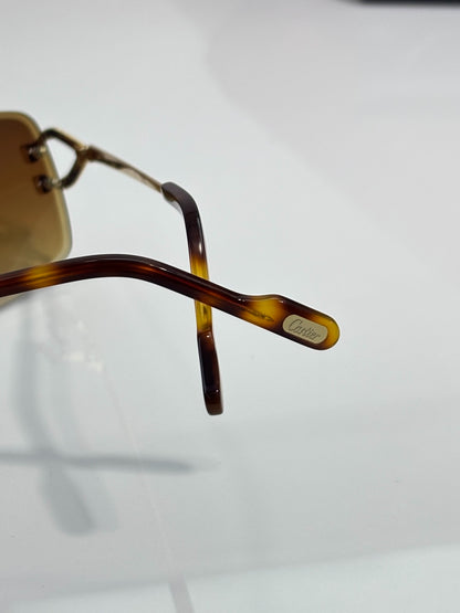 Cartier Gold-Tone Rimless Sunglasses with Gradient Brown Lenses & Diamond-Embellished Logo Temples