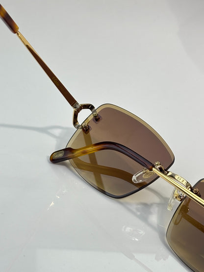 Cartier Gold-Tone Rimless Sunglasses with Gradient Brown Lenses & Diamond-Embellished Logo Temples