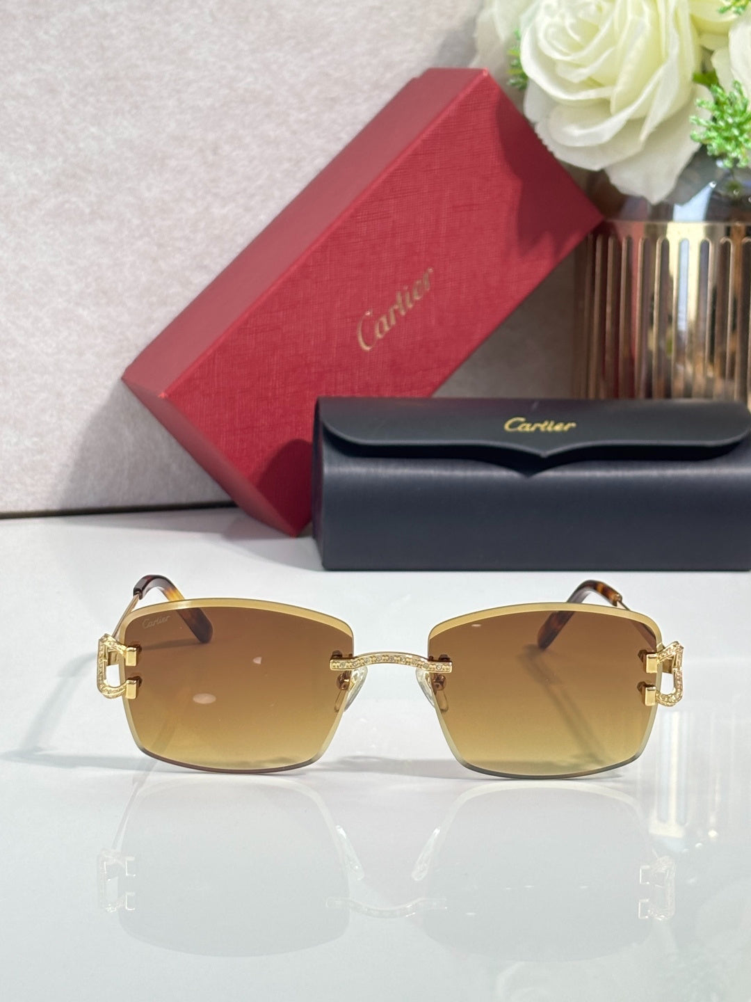 Cartier Gold-Tone Rimless Sunglasses with Gradient Brown Lenses & Diamond-Embellished Logo Temples