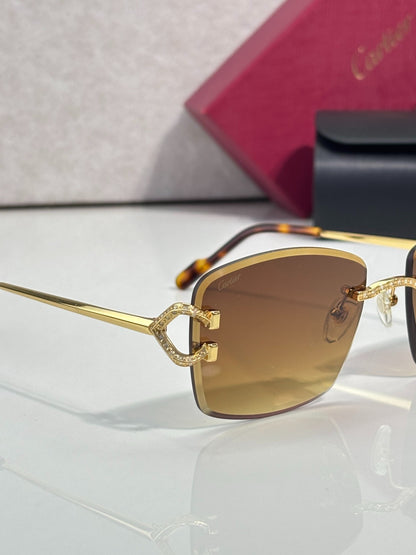 Cartier Gold-Tone Rimless Sunglasses with Gradient Brown Lenses & Diamond-Embellished Logo Temples
