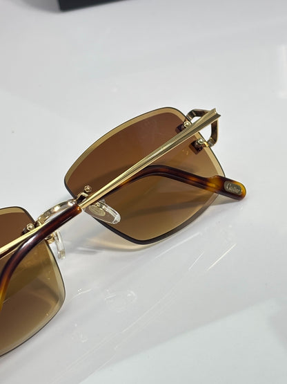Cartier Gold-Tone Rimless Sunglasses with Gradient Brown Lenses & Diamond-Embellished Logo Temples