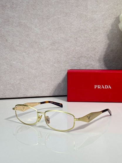 Prada Gold-Tone Metal Rectangular Sunglasses with Light Blue Lenses