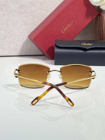 Cartier Gold-Tone Rimless Sunglasses with Gradient Brown Lenses & Diamond-Embellished Logo Temples