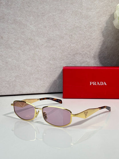 Prada Gold-Tone Metal Rectangular Sunglasses with Light Blue Lenses