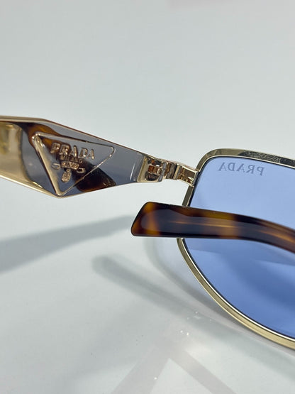 Prada Gold-Tone Metal Rectangular Sunglasses with Light Blue Lenses