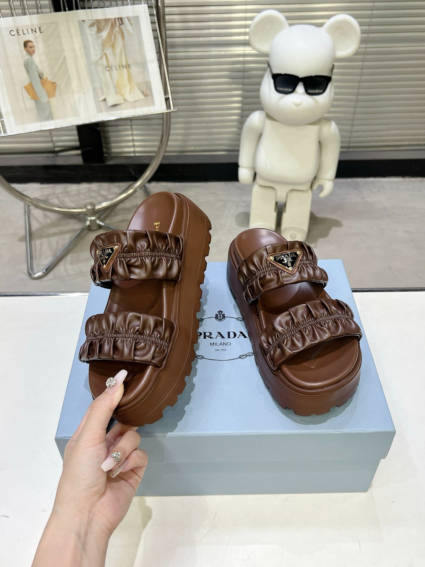 Women Dark Brown Ruched Two Band Platform Slides Triangle Gold Logo Slip On Casual Sandals