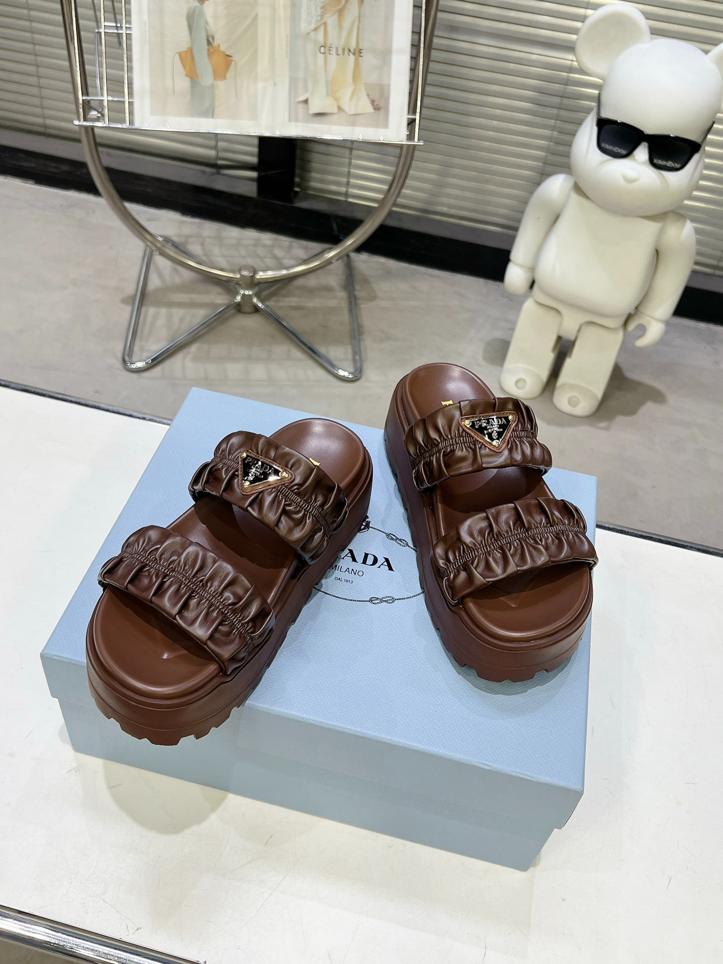 Women Dark Brown Ruched Two Band Platform Slides Triangle Gold Logo Slip On Casual Sandals