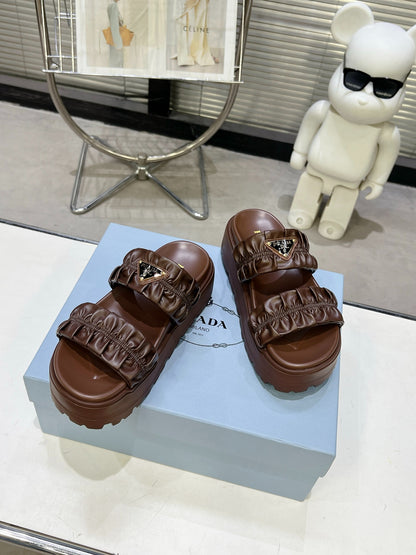 Women Dark Brown Ruched Two Band Platform Slides Triangle Gold Logo Slip On Casual Sandals