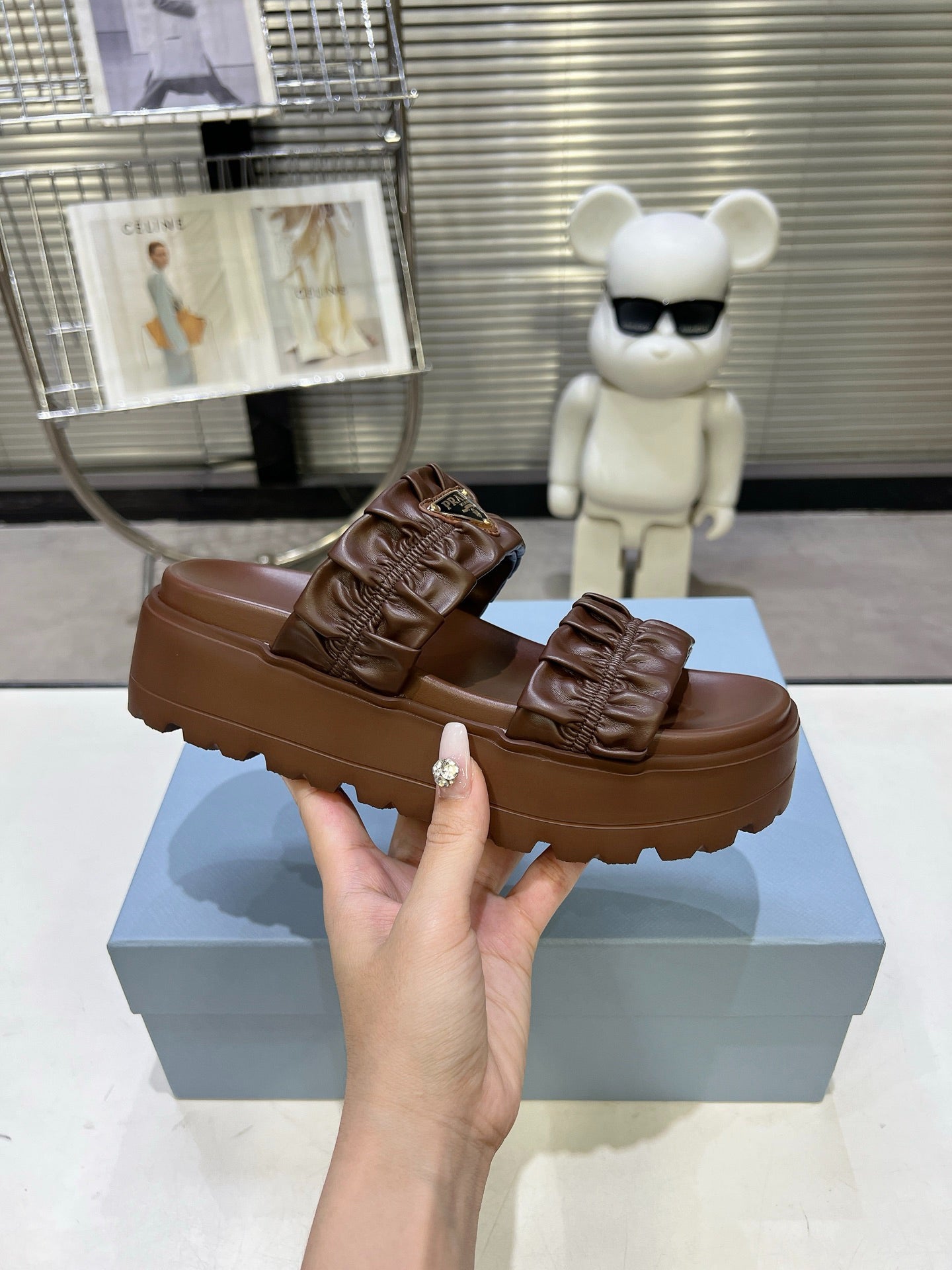 Women Dark Brown Ruched Two Band Platform Slides Triangle Gold Logo Slip On Casual Sandals