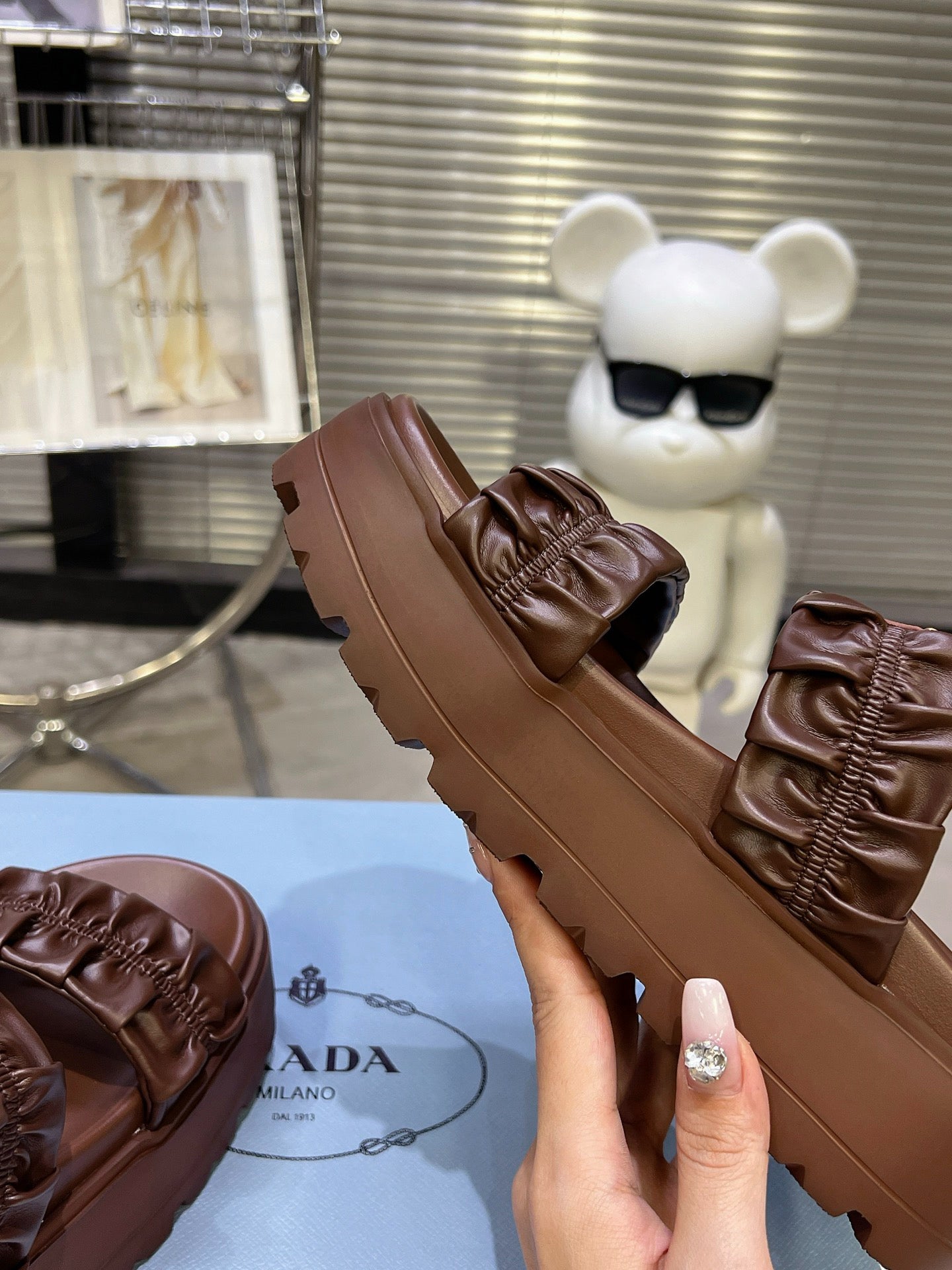 Women Dark Brown Ruched Two Band Platform Slides Triangle Gold Logo Slip On Casual Sandals