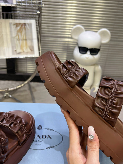 Women Dark Brown Ruched Two Band Platform Slides Triangle Gold Logo Slip On Casual Sandals