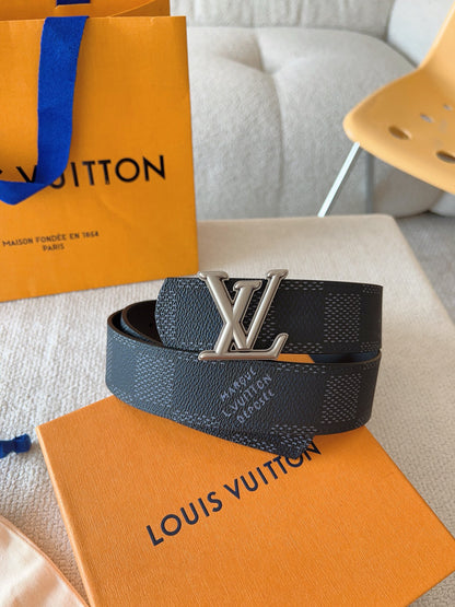Black Dot Damier Pattern Men Belt Silver Metal LV Buckle Formal Dress Belt