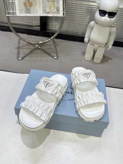 Prada Gold Triangle Logo Ruched Dual Band Platform Slide Sandals Women White Open Toe Lug Sole Slip On Summer Casual Slides