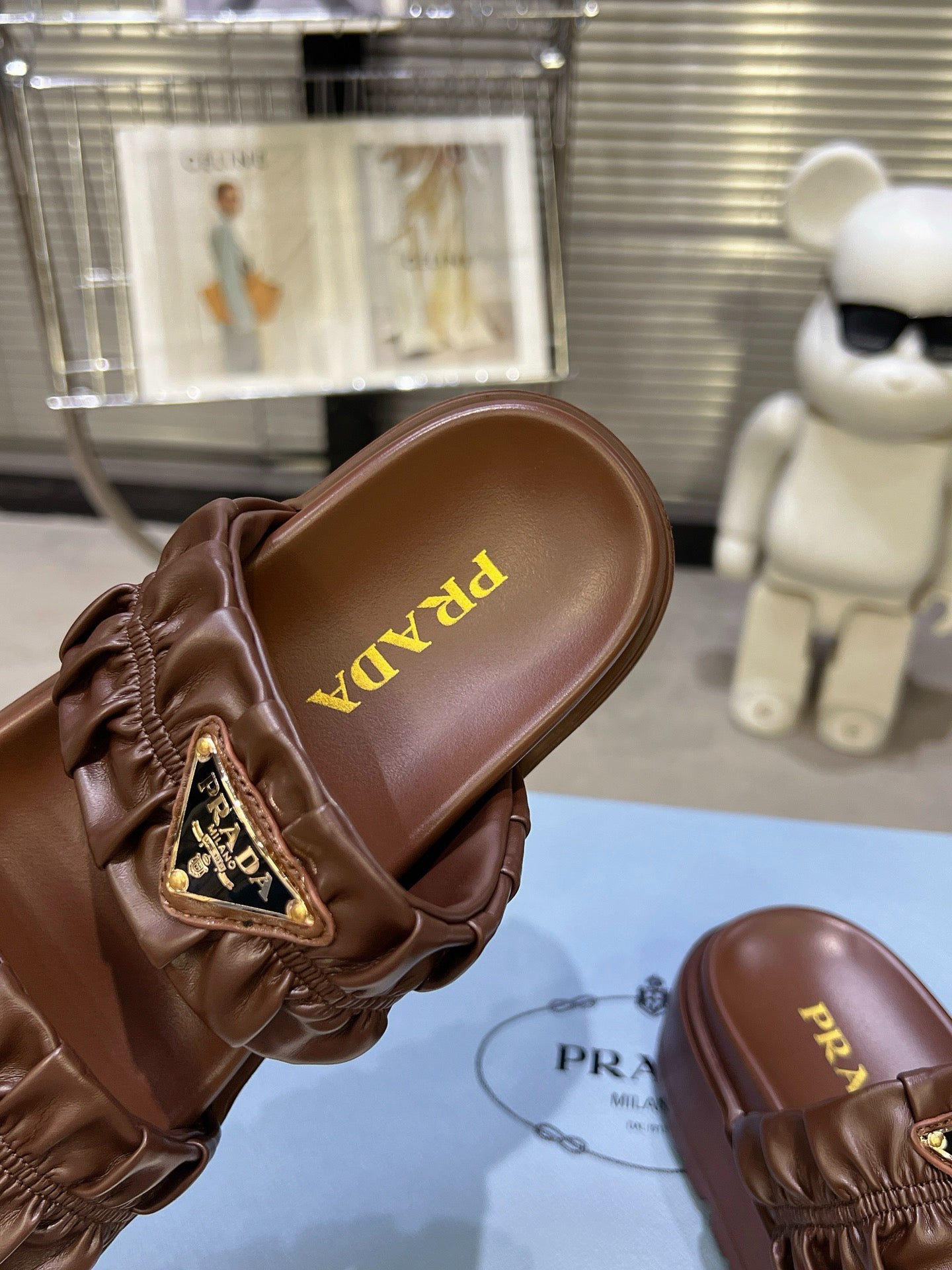Women Dark Brown Ruched Two Band Platform Slides Triangle Gold Logo Slip On Casual Sandals