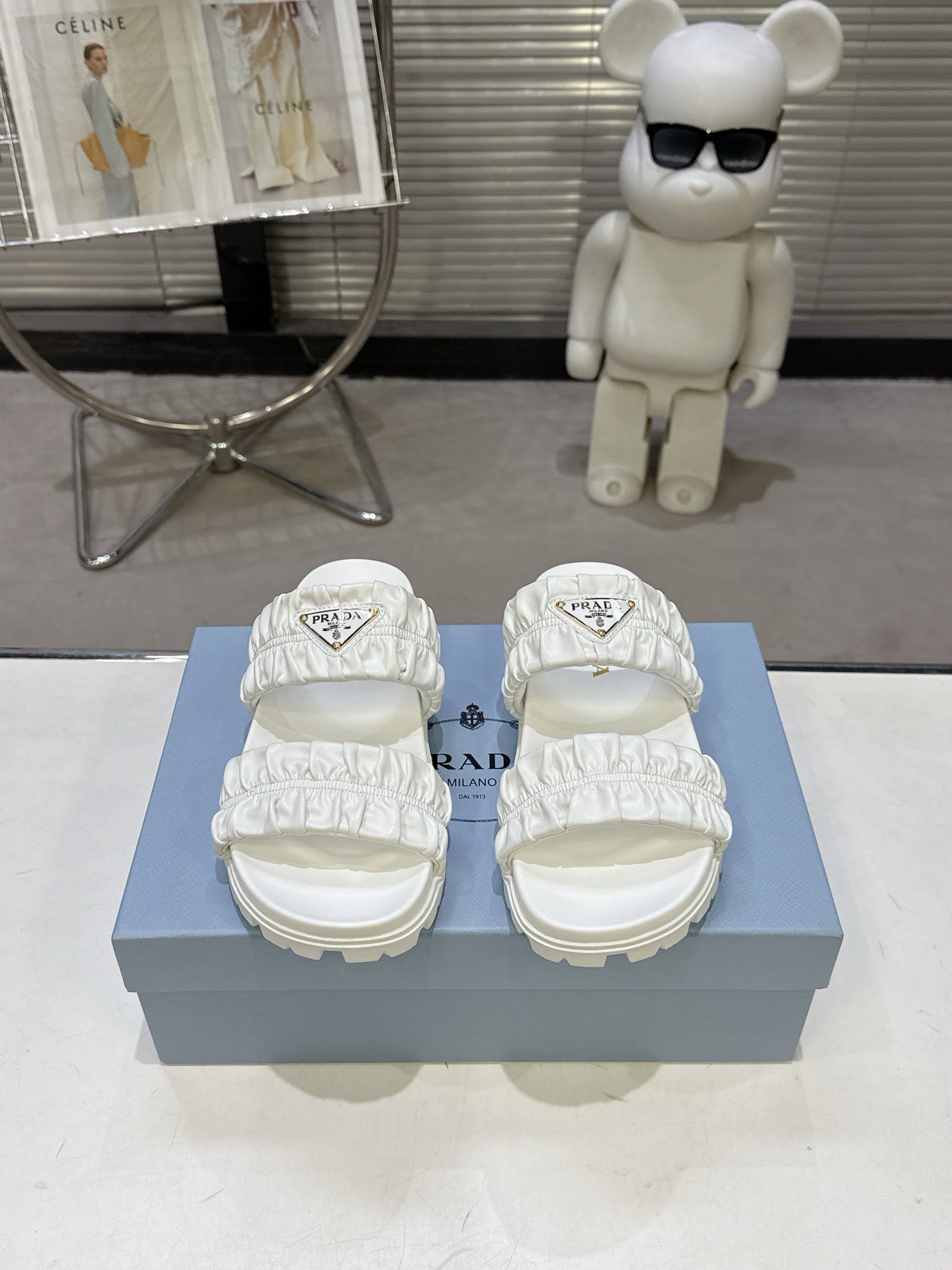 Prada Gold Triangle Logo Ruched Dual Band Platform Slide Sandals Women White Open Toe Lug Sole Slip On Summer Casual Slides
