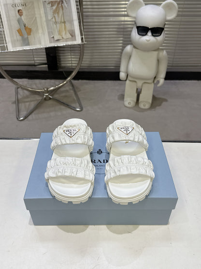 Prada Gold Triangle Logo Ruched Dual Band Platform Slide Sandals Women White Open Toe Lug Sole Slip On Summer Casual Slides