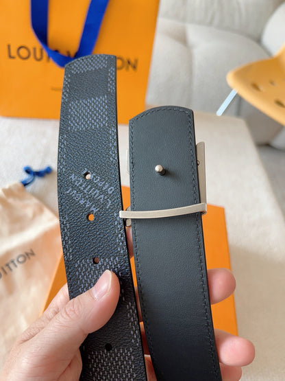 Black Dot Damier Pattern Men Belt Silver Metal LV Buckle Formal Dress Belt