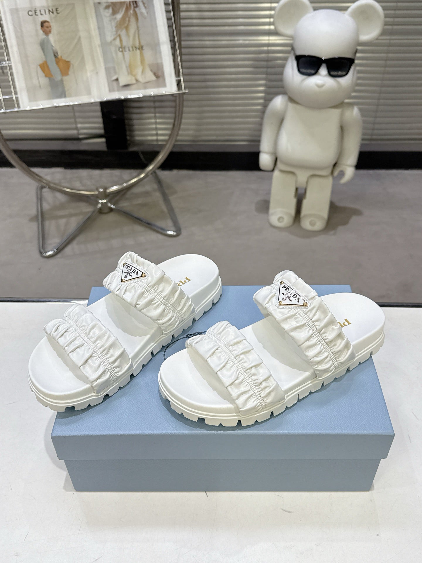 Prada Gold Triangle Logo Ruched Dual Band Platform Slide Sandals Women White Open Toe Lug Sole Slip On Summer Casual Slides