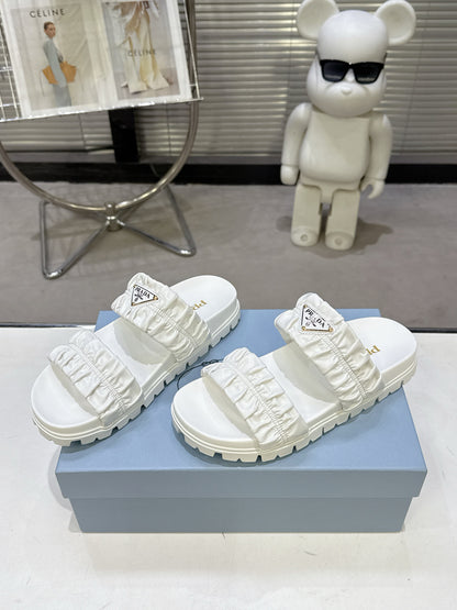 Prada Gold Triangle Logo Ruched Dual Band Platform Slide Sandals Women White Open Toe Lug Sole Slip On Summer Casual Slides