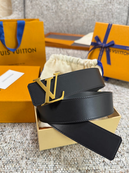 Solid Black Smooth Cow Leather Men Belt Gold Metal Initial Buckle Formal Dress Belt