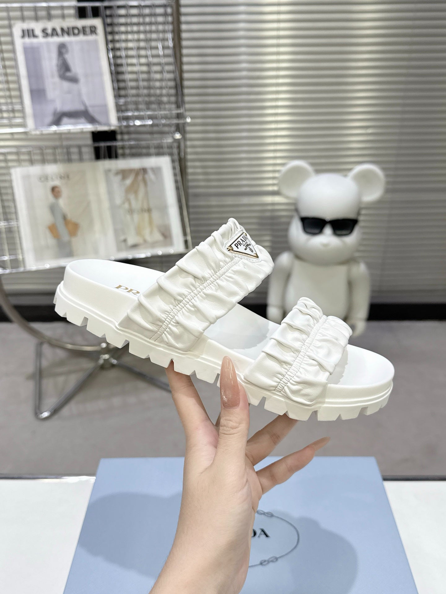 Prada Gold Triangle Logo Ruched Dual Band Platform Slide Sandals Women White Open Toe Lug Sole Slip On Summer Casual Slides