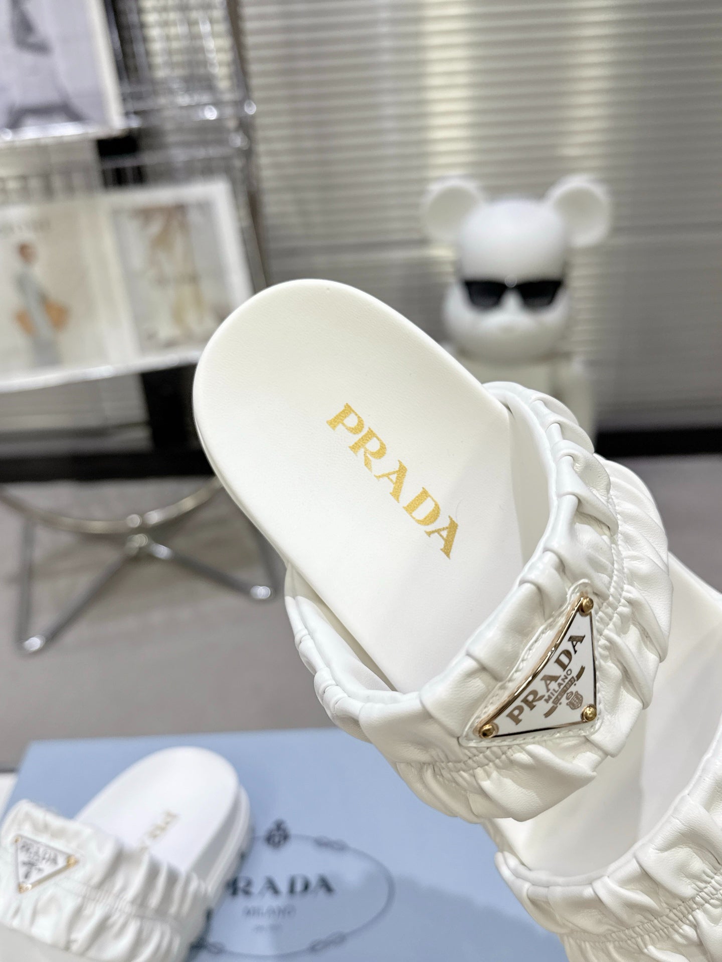 Prada Gold Triangle Logo Ruched Dual Band Platform Slide Sandals Women White Open Toe Lug Sole Slip On Summer Casual Slides