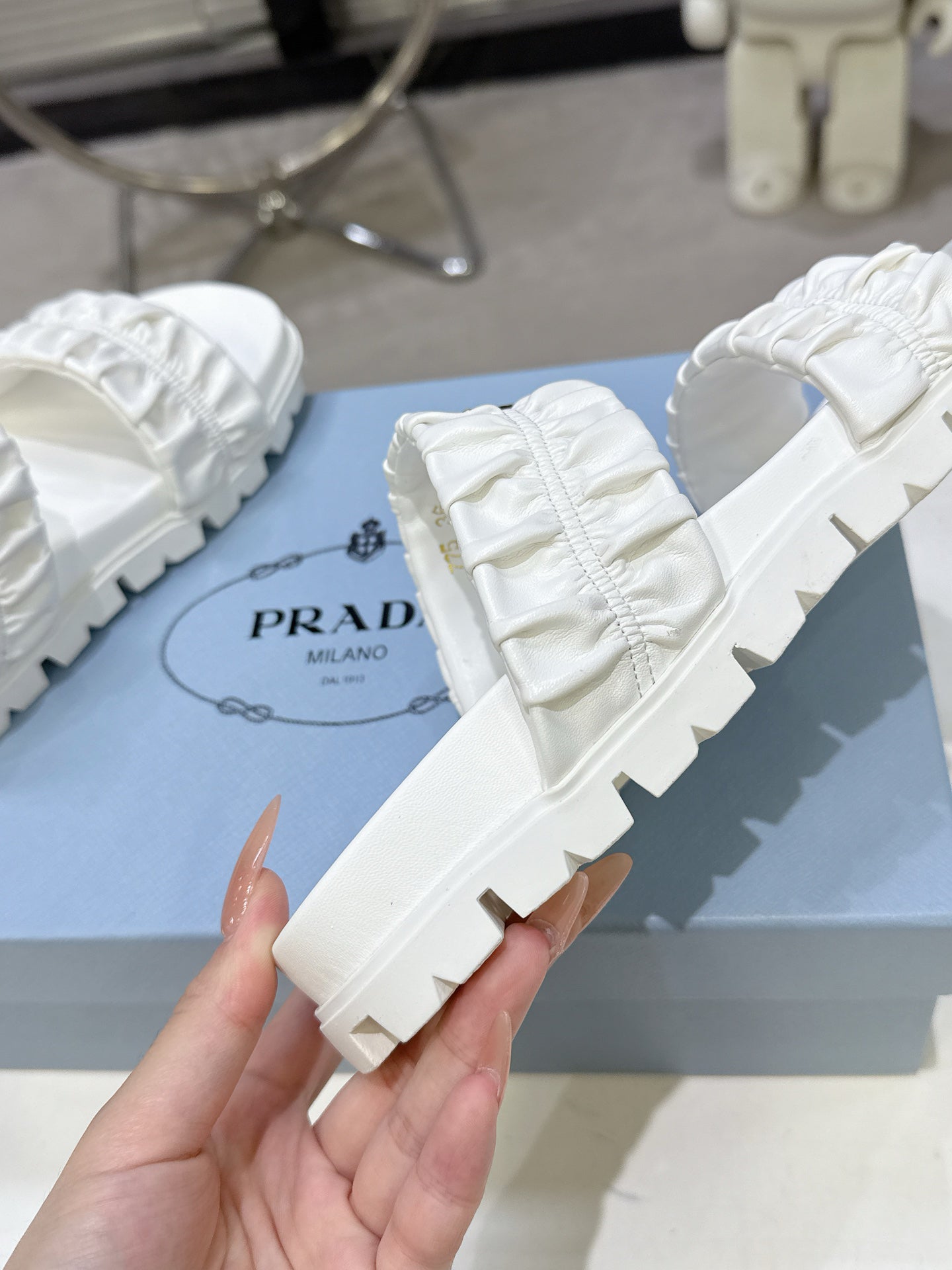 Prada Gold Triangle Logo Ruched Dual Band Platform Slide Sandals Women White Open Toe Lug Sole Slip On Summer Casual Slides