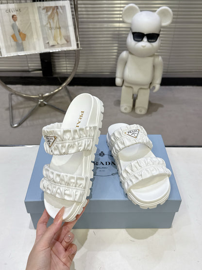 Prada Gold Triangle Logo Ruched Dual Band Platform Slide Sandals Women White Open Toe Lug Sole Slip On Summer Casual Slides