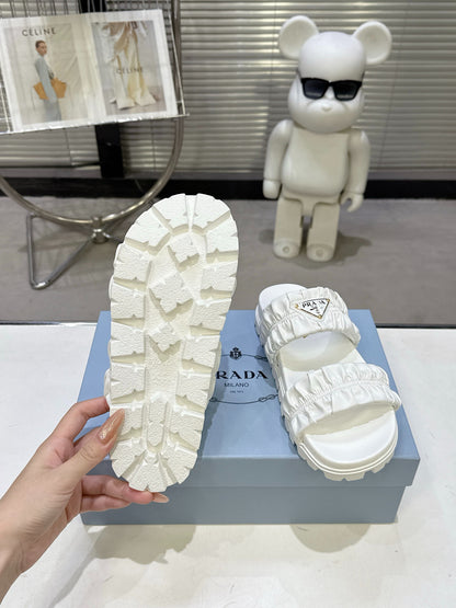 Prada Gold Triangle Logo Ruched Dual Band Platform Slide Sandals Women White Open Toe Lug Sole Slip On Summer Casual Slides