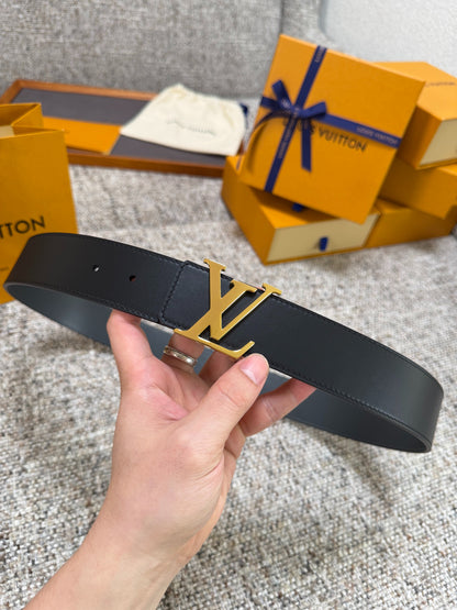 Solid Black Smooth Cow Leather Men Belt Gold Metal Initial Buckle Formal Dress Belt