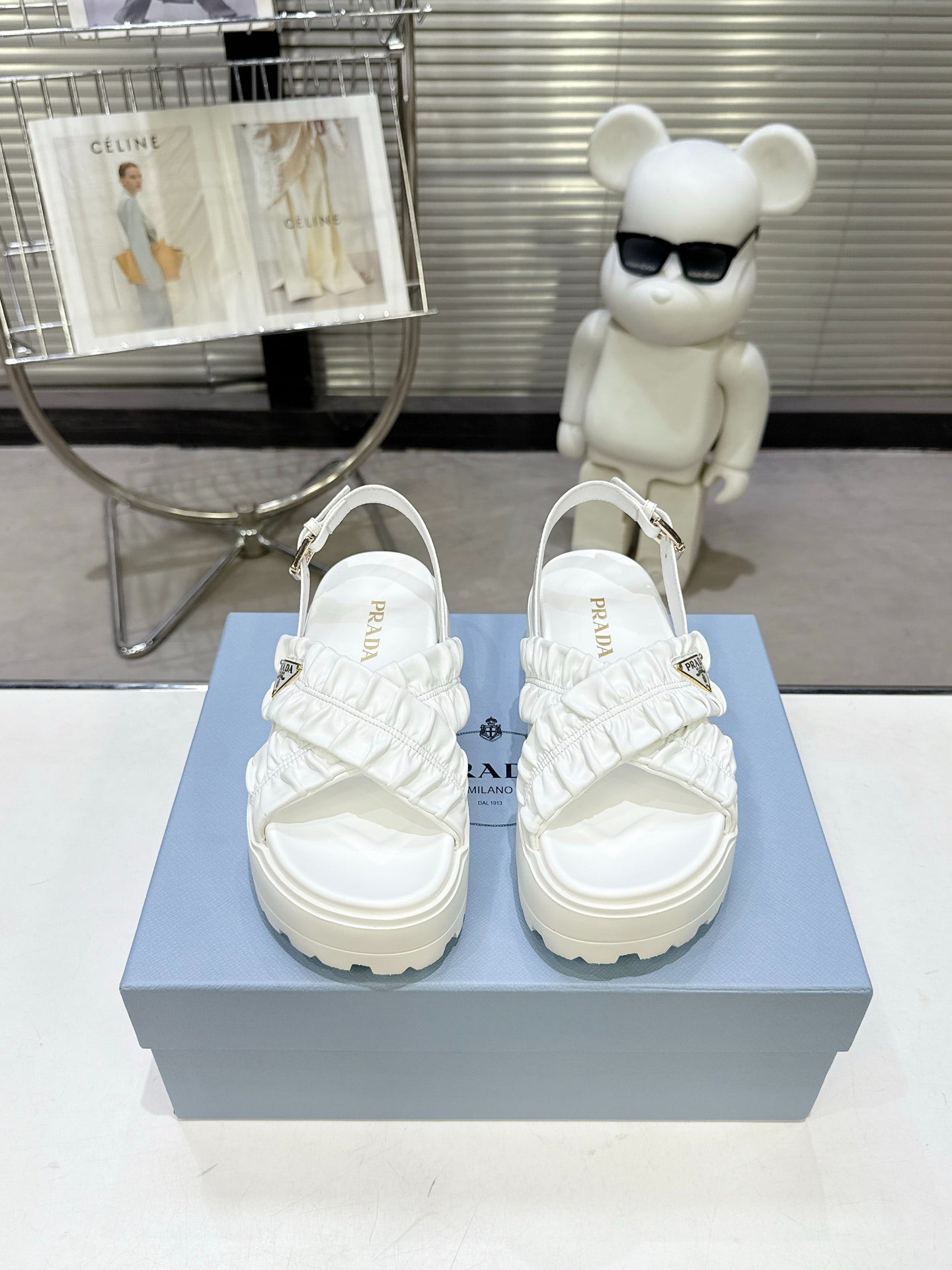 Women White Ruched Cross Band Platform Sandals Triangle Gold Logo Adjustable Ankle Buckle Casual Summer Shoes